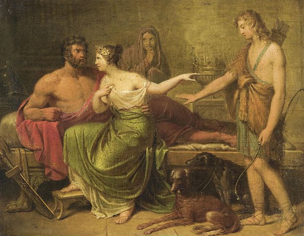 Phaedra tussen Theseus en Hippolytus met jachthonden