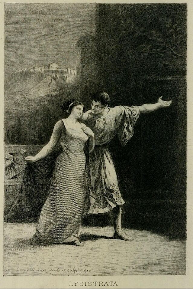 Illustratie van een scène uit Lysistrata van Aristophanes