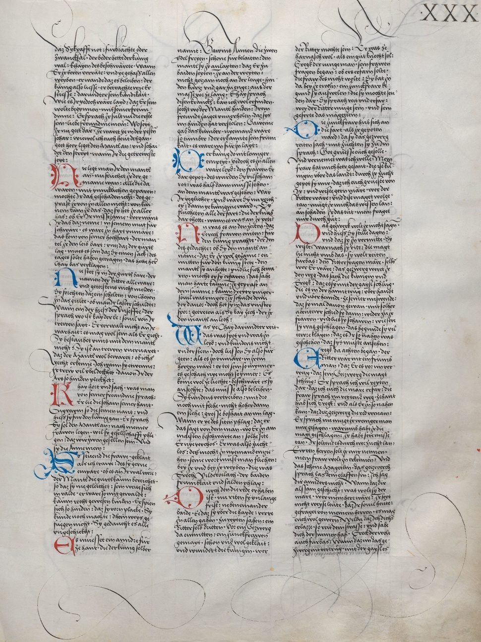 Ambraser Heldenbuch, folio 30r, met het begin van Hartmann von Aues Erec, 1516, Oostenrijkse Nationale Bibliotheek