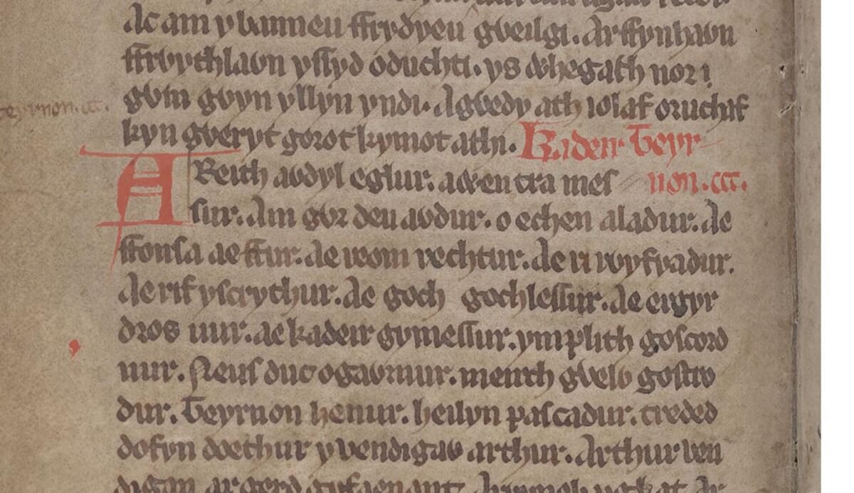 The Book of Taliesin, folio 16v, met het gedicht Kadeir Teyrnon, waarin de naam van Aladur aan het einde van de zesde regel verschijnt