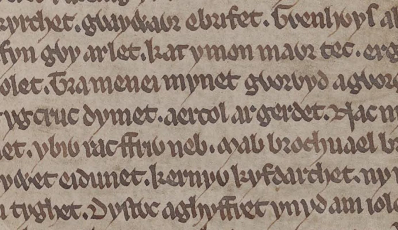 Book of Taliesin, folio 22r, met de naam Aircol in de tekst van het gedicht Trawsganu Kynan Garwyn mab Broch