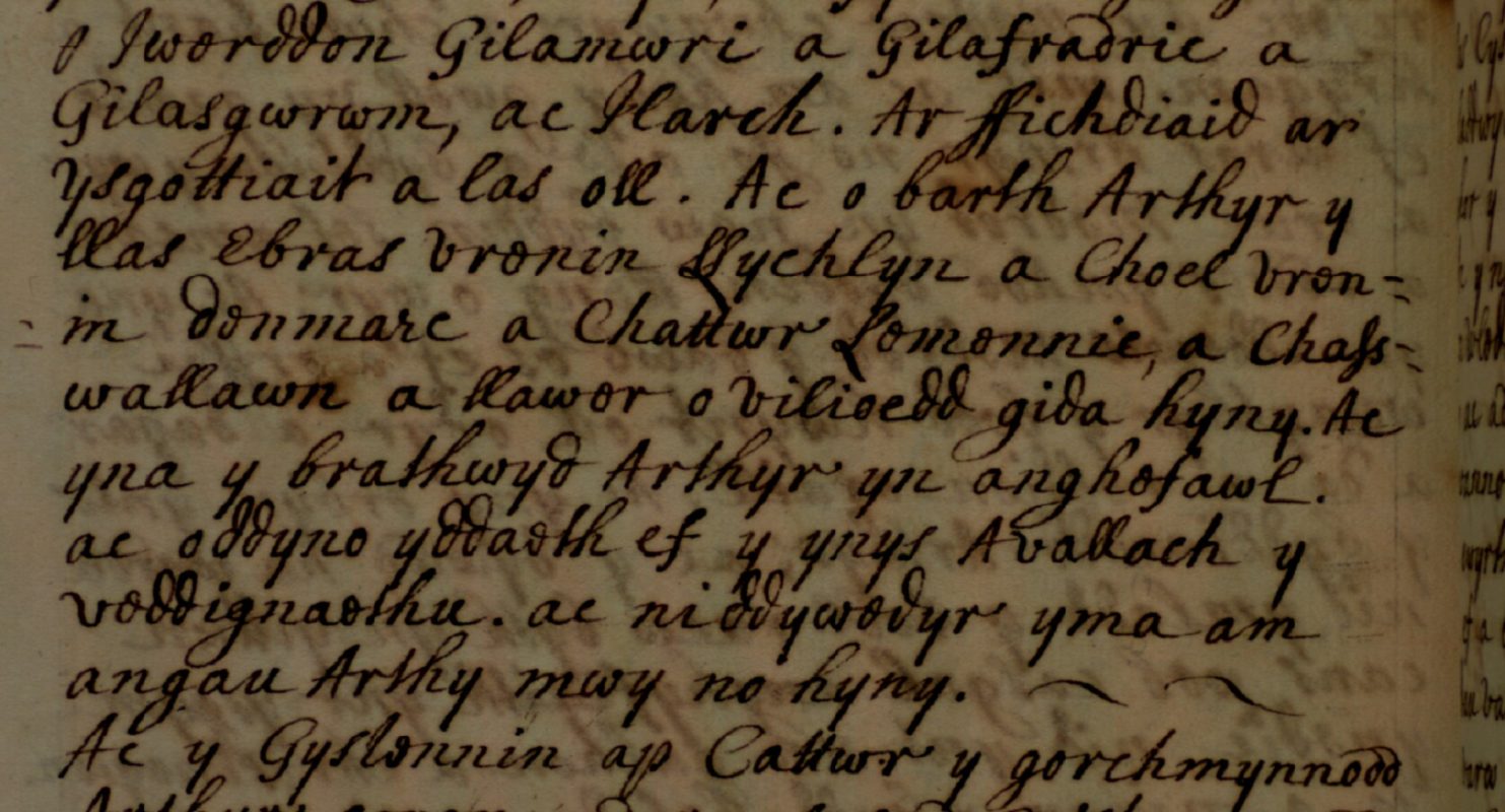 Folio uit de Brut Tysilio met de dood van Caswallon op regels vijf en zes