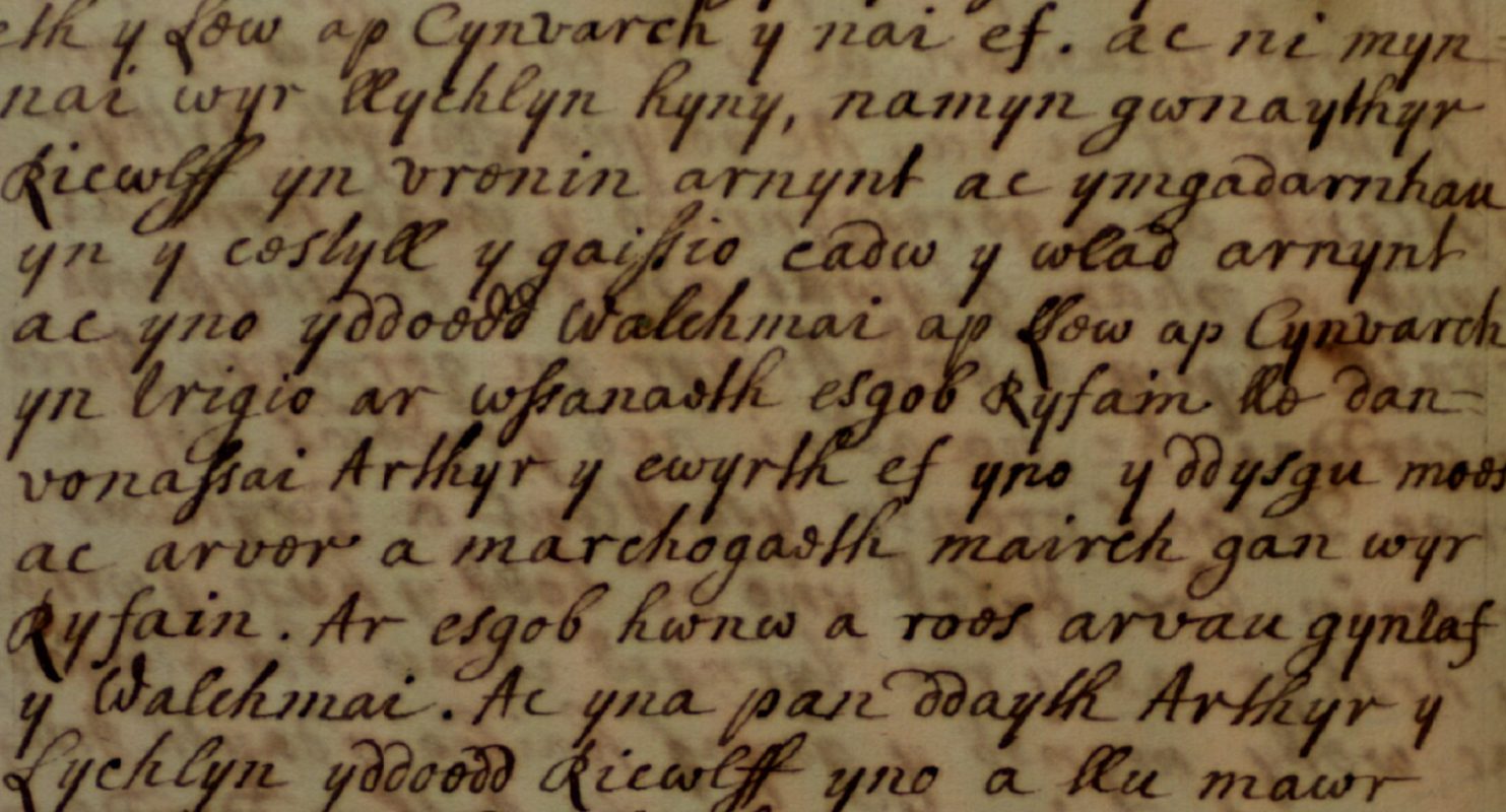 Brut Tysilio, Jesus College MS 28, pagina 140, waarop op regels vijf en zes te zien is dat Gwalchmai naar de bisschop van Rome wordt gestuurd, Bodleian Library, Oxford