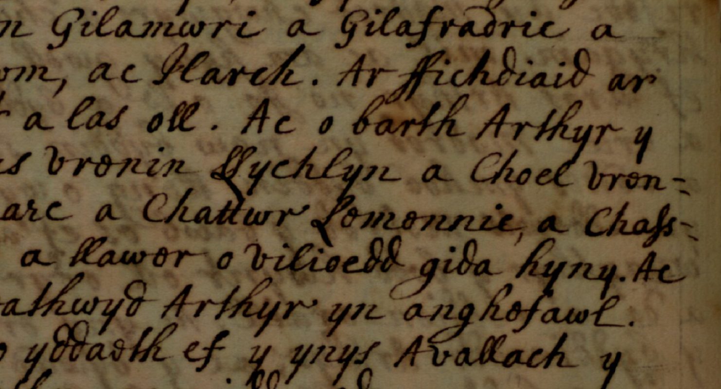 Brut Tysilio, Jesus College MS 28, pagina 168, met Coel (Choel), koning van Denemarken, op de vierde regel