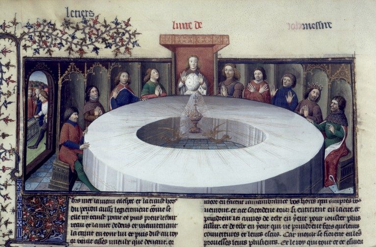De ridders van koning Arthur, verzameld aan de Ronde Tafel om Pinksteren te vieren, zien een visioen van de Heilige Graal