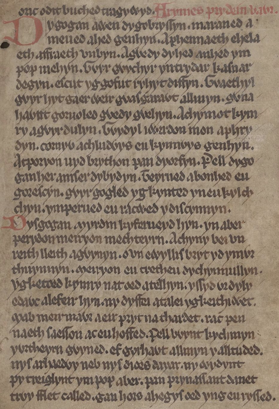 De eerste pagina van 'Armes Prydein Vawr', uit Peniarth MS 2, f. 6r