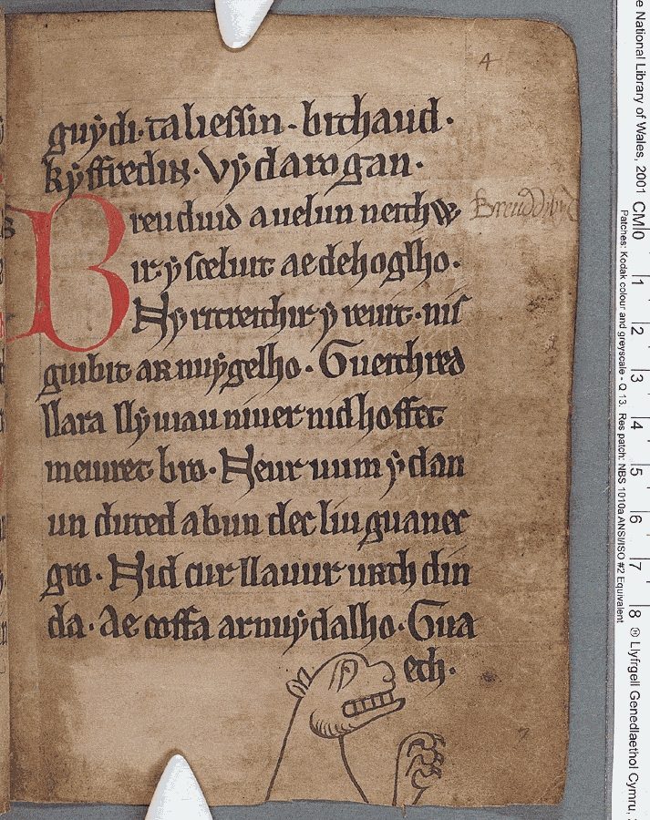 Een pagina uit het Zwarte Boek van Carmarthen, vermoedelijk het oudst bewaard gebleven handschrift dat uitsluitend in het Welsh is geschreven