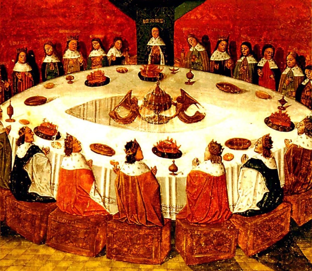 Een slechte reproductie met afwijkende kleuren van Holy-grail-round-table-ms-fr-112-3-f5r-1470-detail