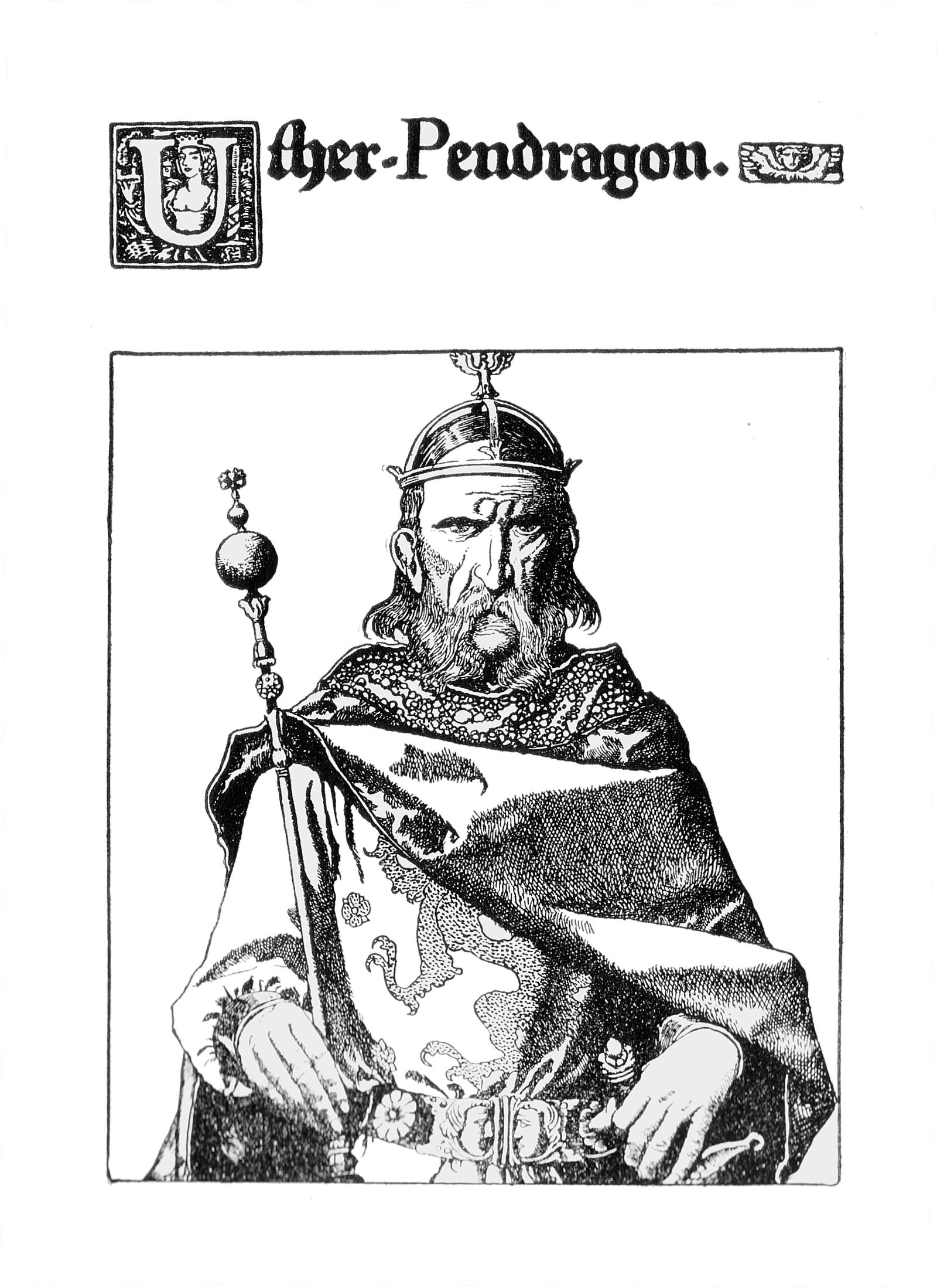 Uther Pendragon, vader van koning Arthur, door Howard Pyle, uit The Story of King Arthur and His Knights van Howard Pyle, Charles Scribners, New York, 1903