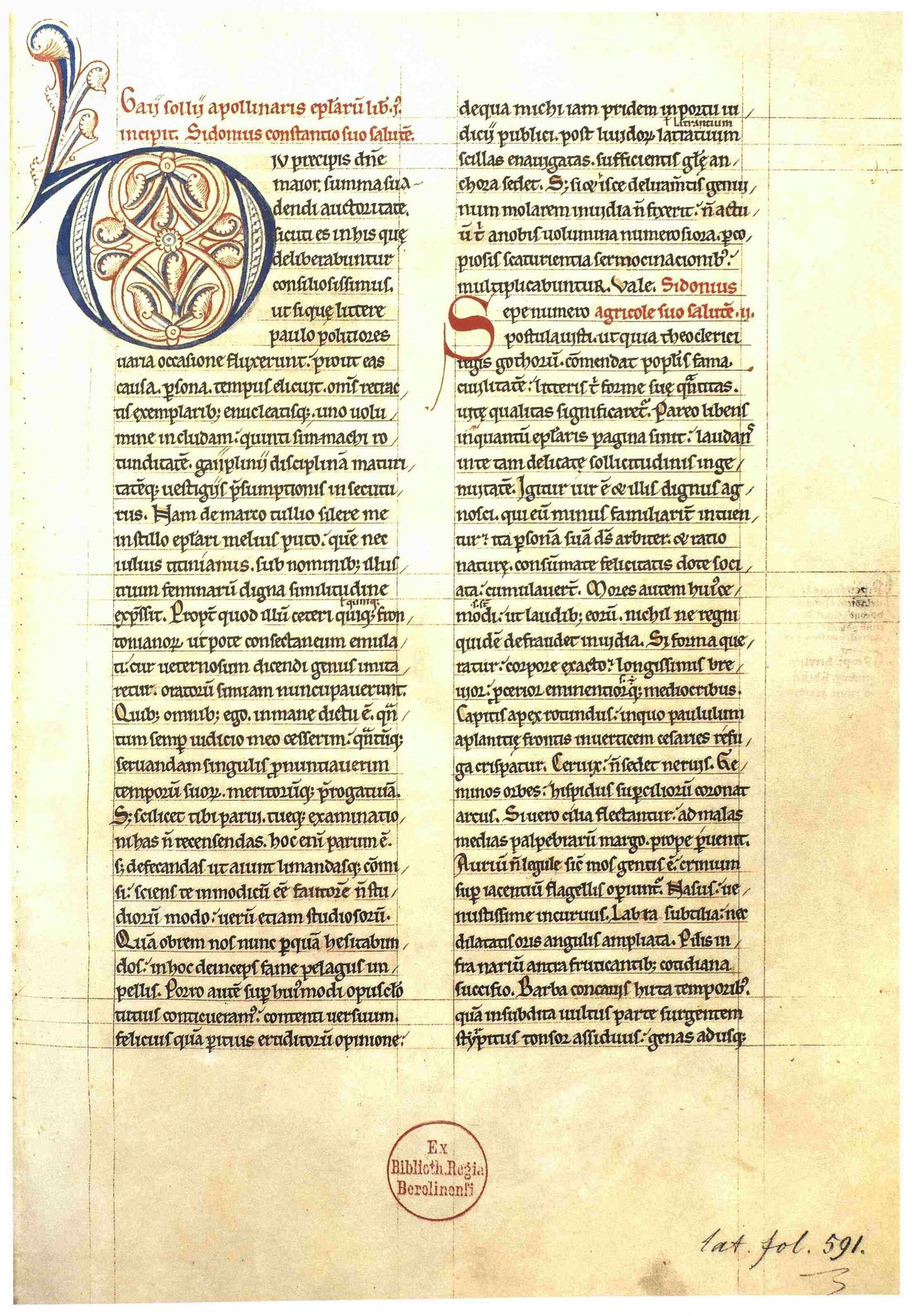 Het begin van Sidonius’ brieven in het handschrift Berlin, Staatsbibliothek, Ms. lat