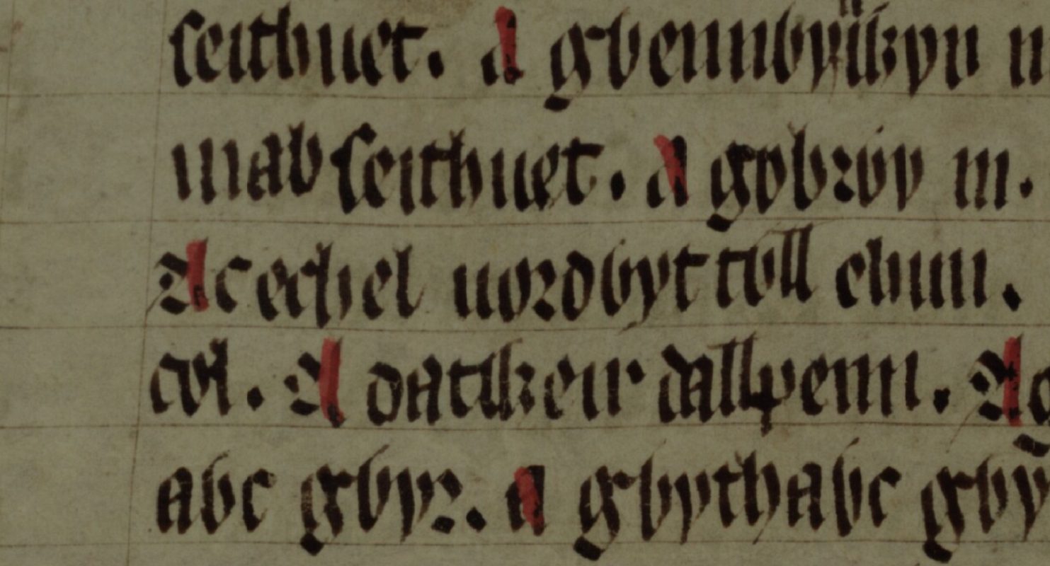 Culhwch and Olwen, folio 201v, met Echel Forddwyd-Twll op de middelste regel