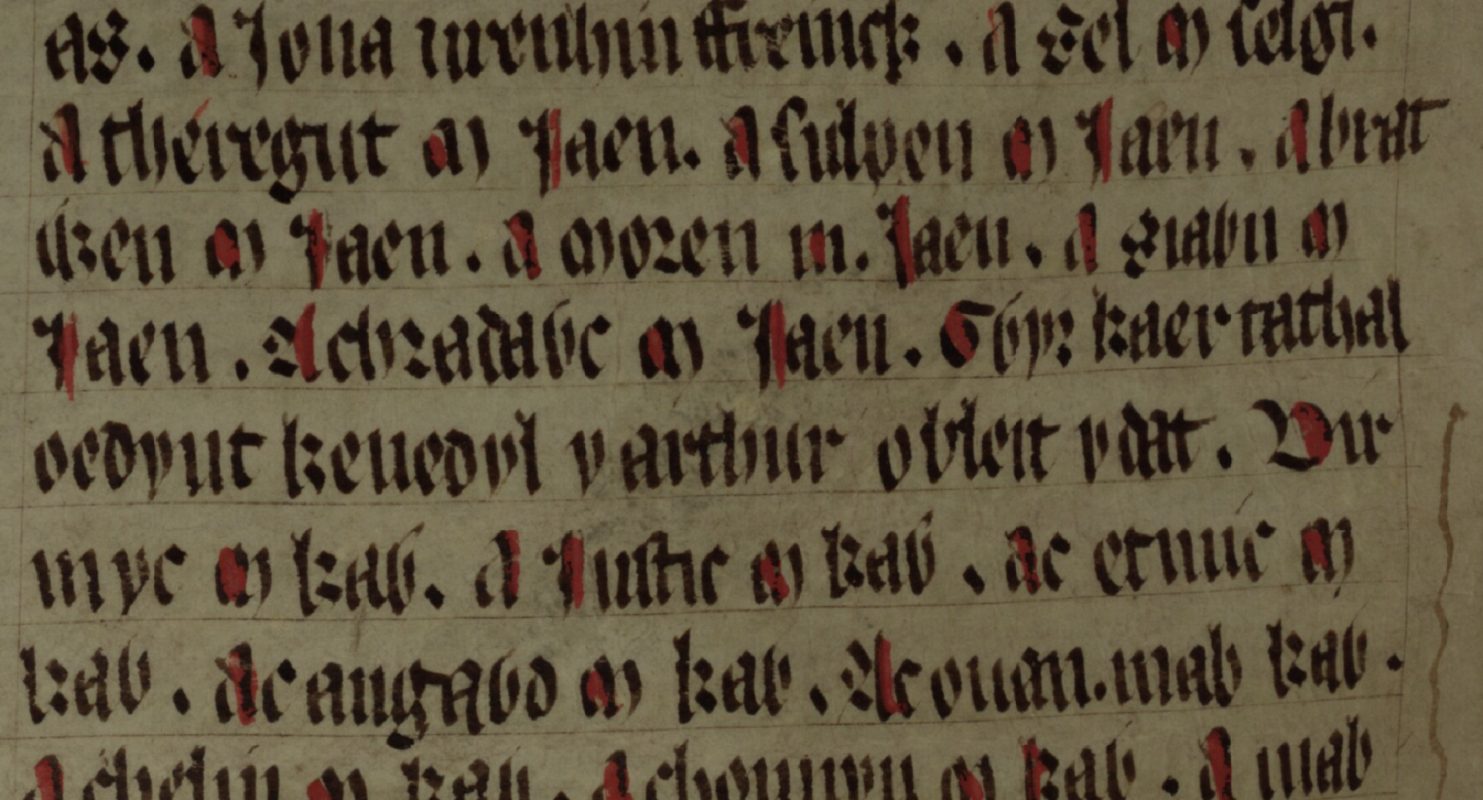 Culhwch and Olwen, folio 201v, met Moren ap Iaen in het midden van de derde regel