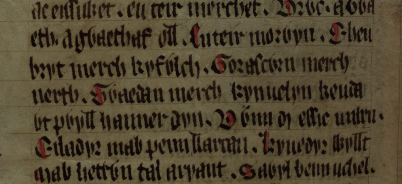 Culhwch and Olwen, folio 202v, met ‘Gwaedan merch Kynuelyn Keutawt’ op de vierde en vijfde regel