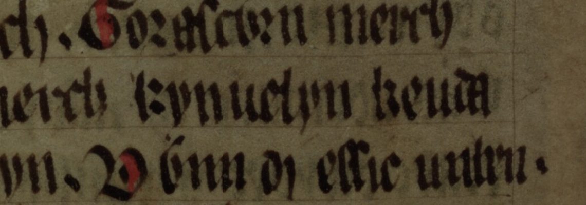 Culhwch and Olwen, folio 202v, met Kynfelyn Keutawt (de laatste twee letters staan op de volgende regel)