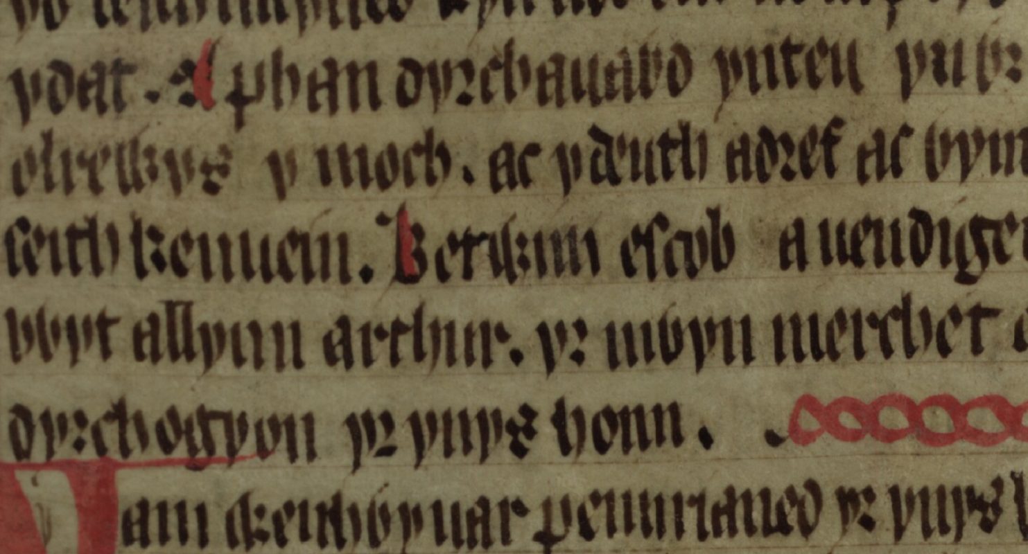 Culhwch and Olwen, folio 203r, met bisschop Bedwini (Betwini escob) in het midden, Bodleian Library, Oxford
