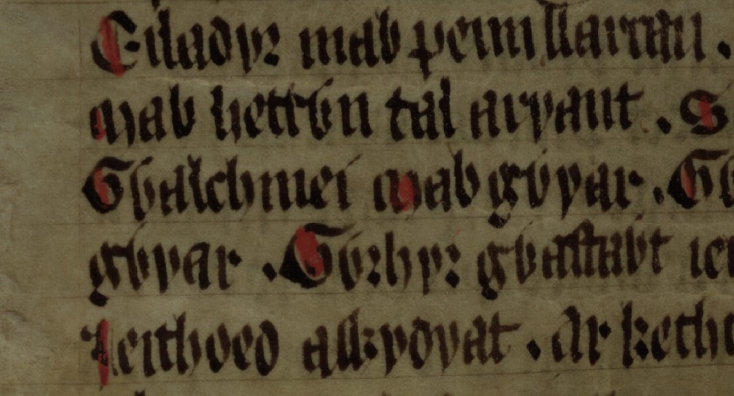 Culhwch and Olwen, folio 202v, met Arthurs ridder Gwalchmai in de middelste regel