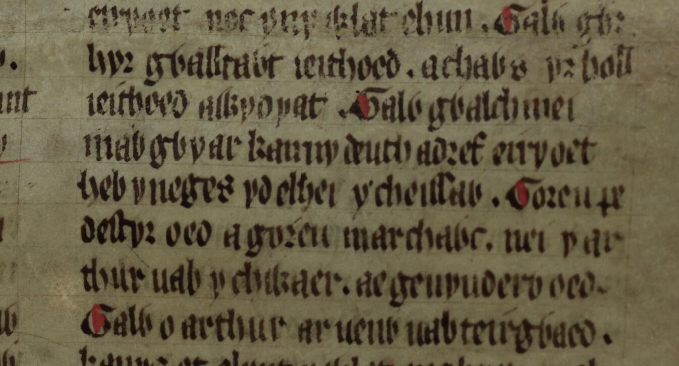 Culhwch en Olwen, folio 203r, toont de regel waarin onthuld wordt dat Gywar, de moeder van Gwalchmai, de zus van Arthur is
