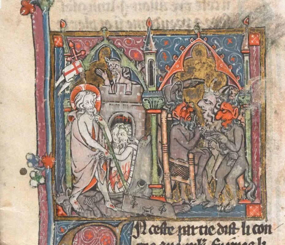 Afbeelding van de achtergrond bij de geboorte van Merlijn op een Vulgaatcyclus-manuscript uit 1316, British Museum, Londen