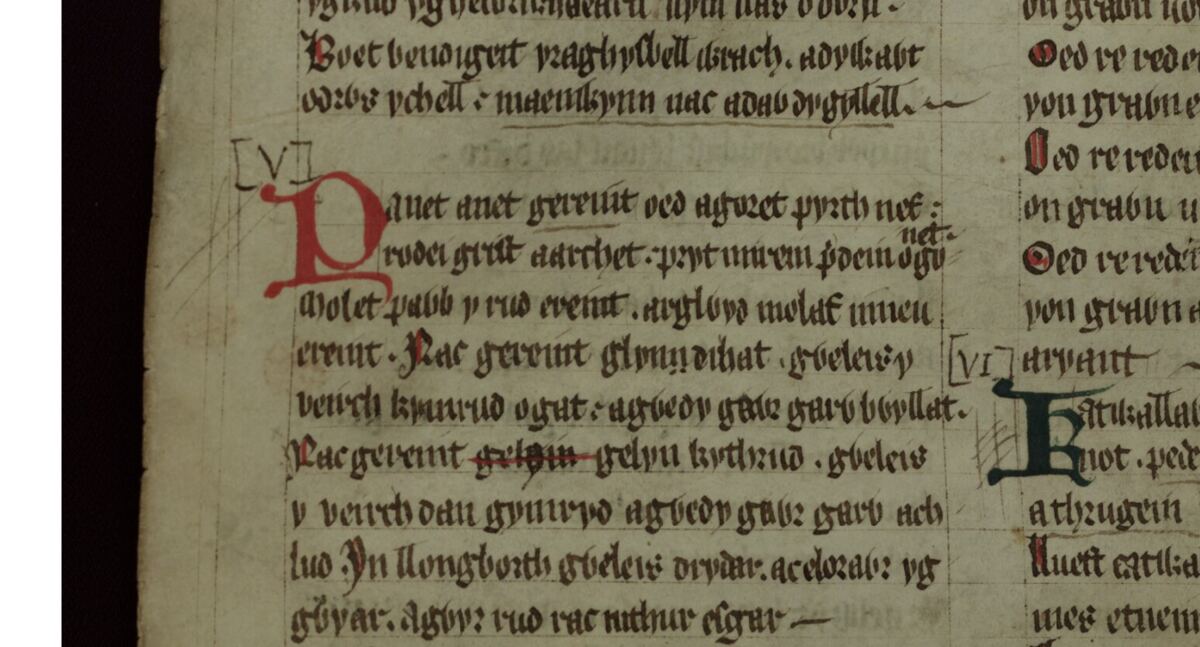 Het gedicht Englynion Gereint fab Erbin in het Rode Boek van Hergest, folio 259v, beginnend halverwege de linkerkolom