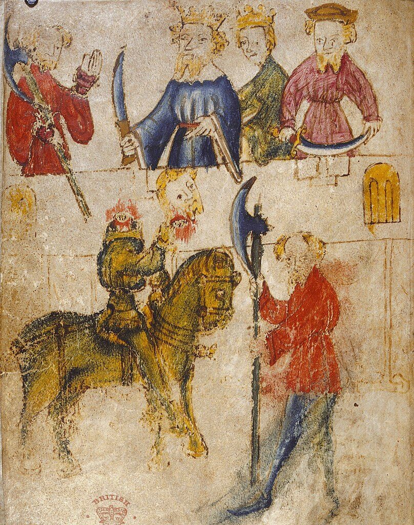 Een afbeelding van de Groene Ridder aan het hof van koning Arthur in het Pearl-manuscript, eind veertiende eeuw