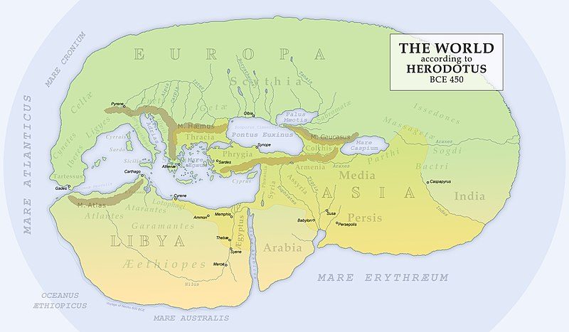 Kaart van de wereld op basis van de beschrijvingen van Herodotus
