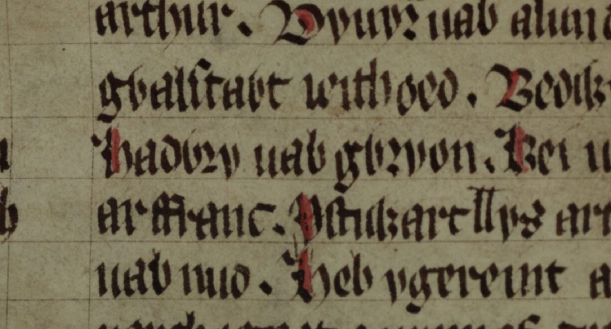 Jesus College MS 111, folio 194r, met Cadwry of Hadwry ap Gwrion in het midden