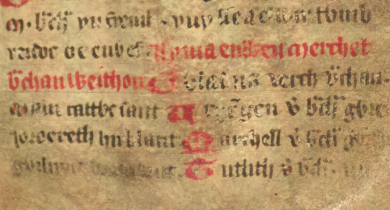 Jesus College MS 20, folio 33r, waarin Gwladus op regels drie en vier verschijnt als dochter van Brychan en moeder van ‘Cattwc’ (Cadoc)