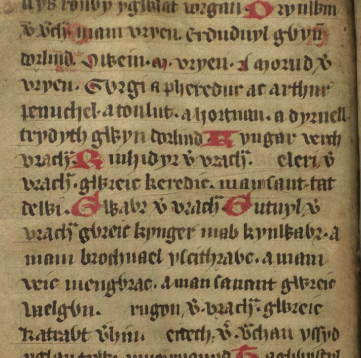 Zicht op Jesus College MS 20 folio 33v, waarop te zien is dat de naam van Brychan verschillende keren als ‘Vrach’ voorkomt, zoals aan het begin van de regels zeven, acht en tien