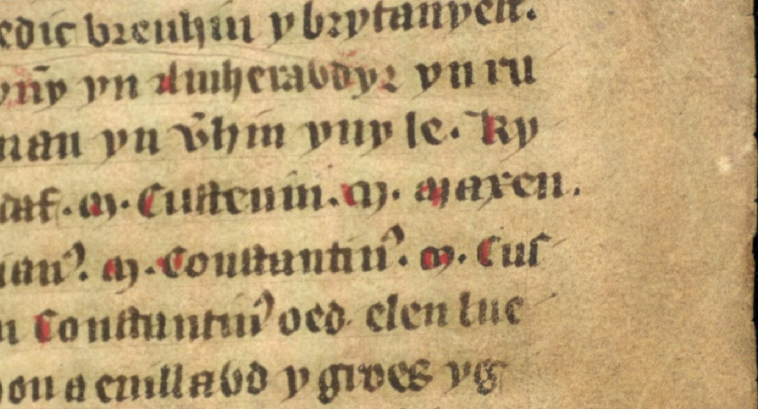 Jesus College MS 20, folio 34r, met Magnus Maximus’ naam geschreven als ‘Maxen’ aan het eind van de middelste regel