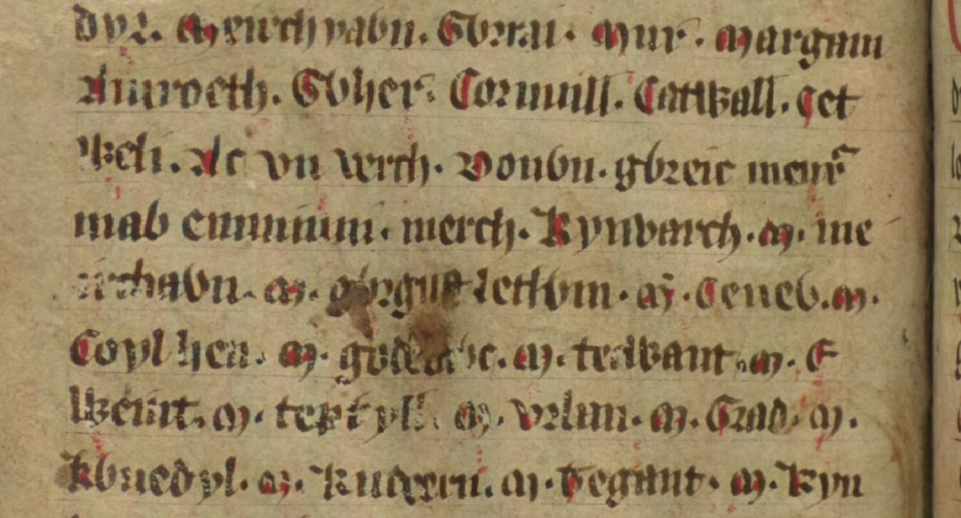 Jesus College MS 20, folio 34v, toont Meirchion ap Gwrgust over de vierde en vijfde regel, mogelijk de tegenstander van Illtud