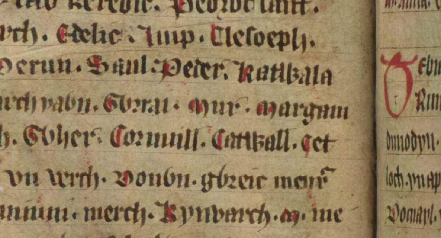 Jesus College MS 20, folio 34v, met Glywys’ zoon Mur in het midden, Bodleian Library, Oxford