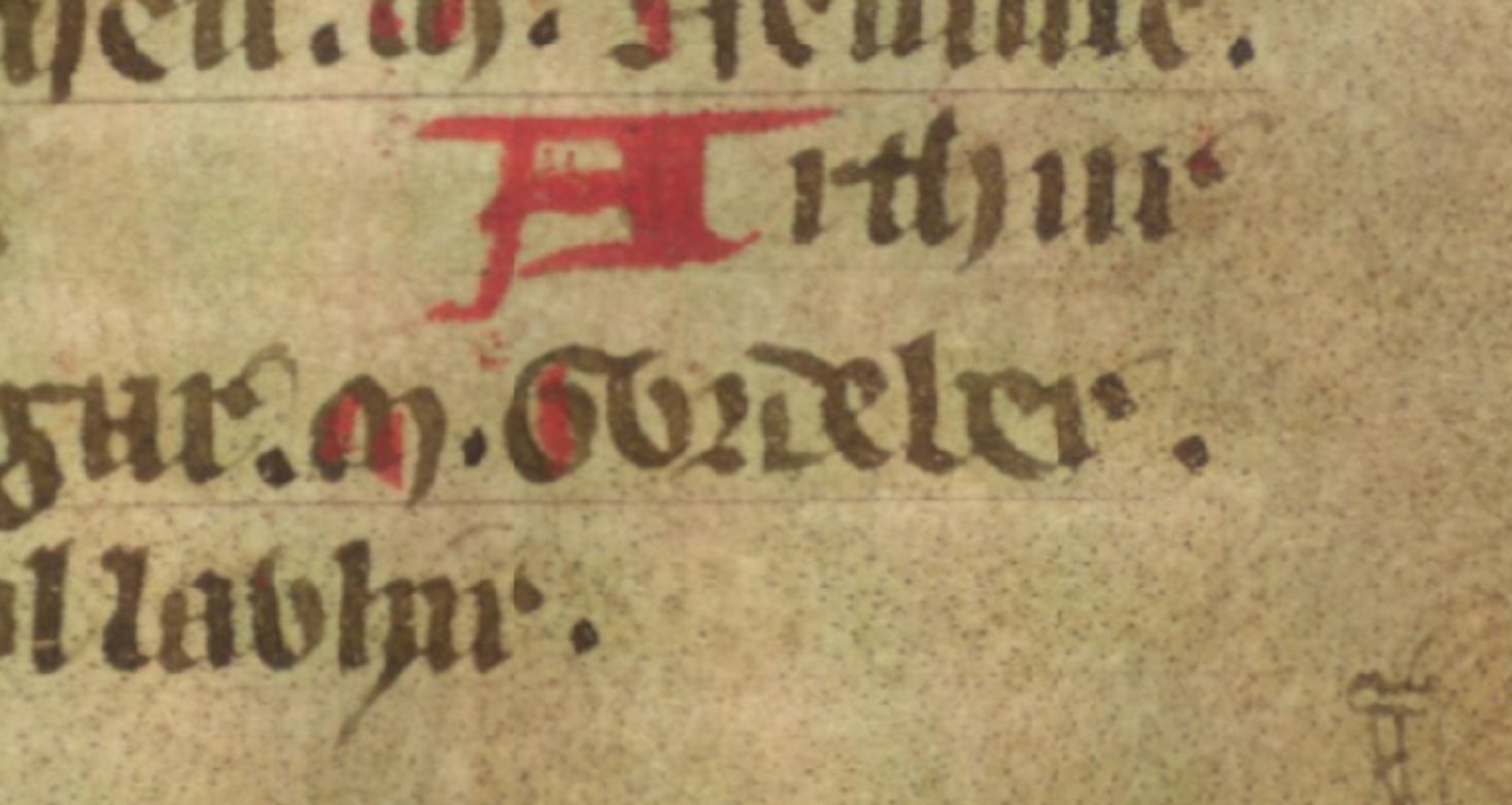 Jesus College MS 20, folio 36r, met Gildas’ Vortipor als Gwrdeber, grootvader van Pedr van Dyfed