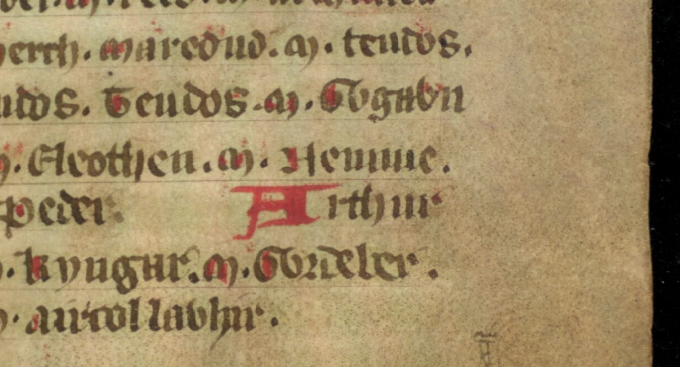 Jesus College MS 20, folio 36r, met Arthurs zoon Nowy, gespeld als ‘Nennue’ in dit document