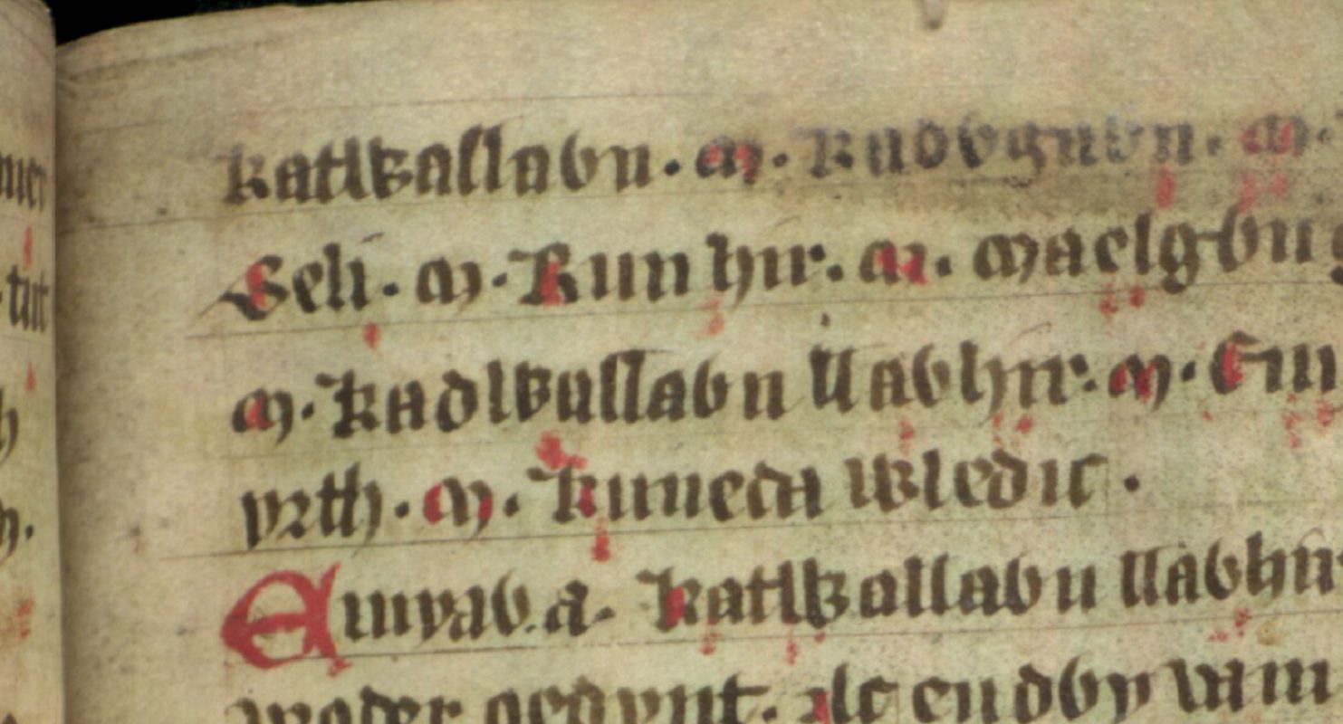 Jesus College MS 20, folio 38r, met de naam Cadwallon Lawhir op de derde regel, Bodleian Library, Oxford