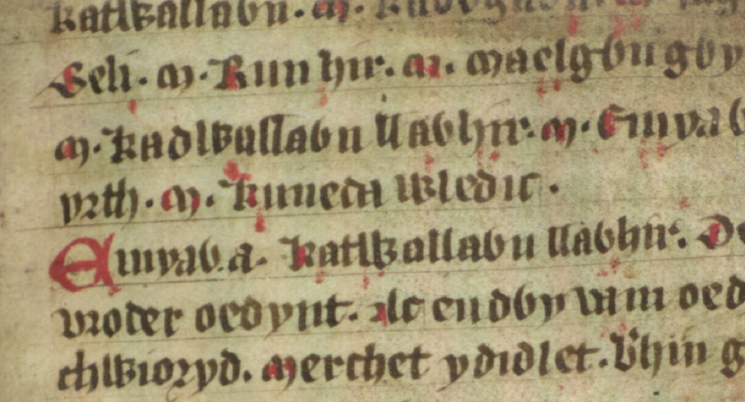 Jesus College MS 20, folio 38r, waarin Cunedda Wledig wordt getoond als de voorvader van Maelgwn Gwynedd, Bodleian Library, Oxford