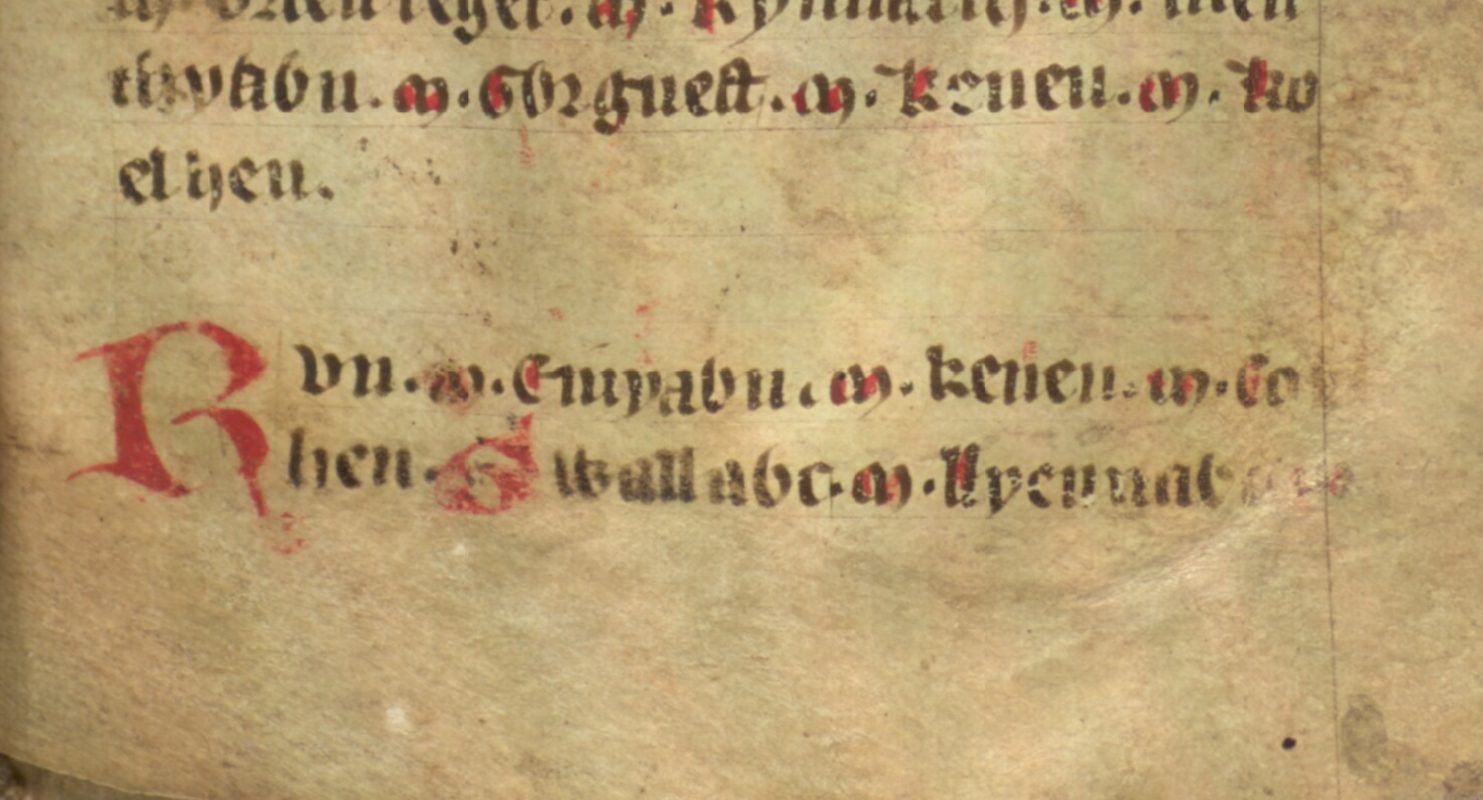 Jesus College MS 20, folio 38r, met Gwallog en zijn vader Lleenog helemaal rechts aan het einde