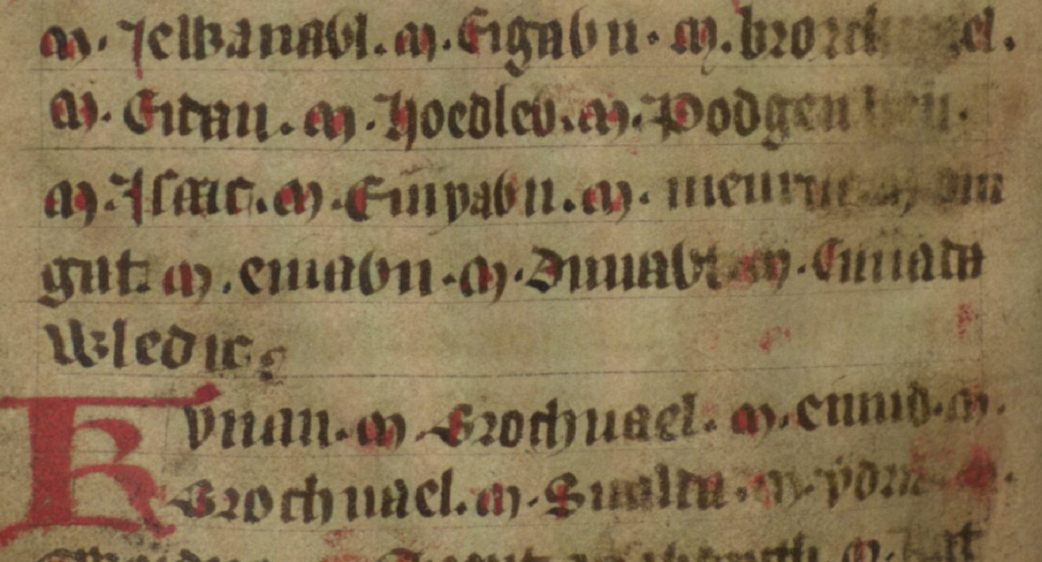 Jesus College MS 20, folio 39v, met een deel van de waarschijnlijke werkelijke stamlijn van Cadwallon op de vierde regel, Bodleian Library, Oxford