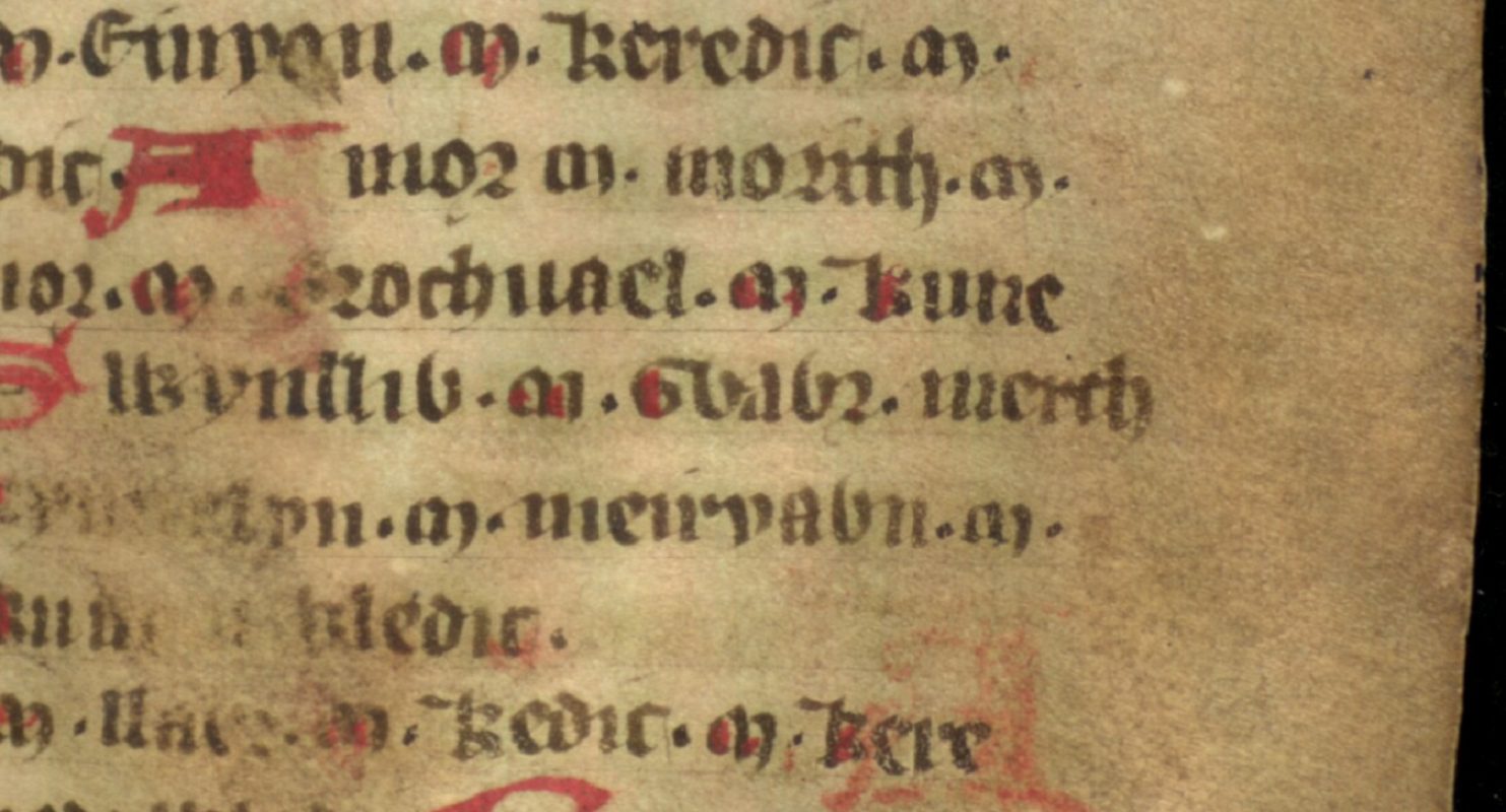 Jesus College MS 20, folio 40r, met Gwawr in het midden, de vermoedelijk historische Igerna