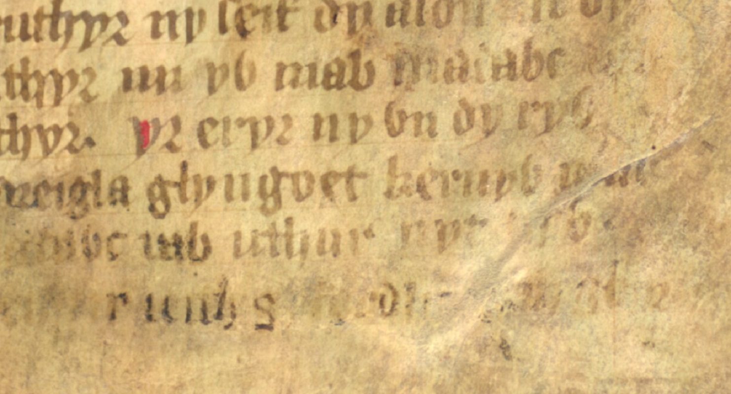 Jesus College MS 20, folio 1r, met ‘glyn goet kernyw’ in het gedicht Arthur en de Adelaar