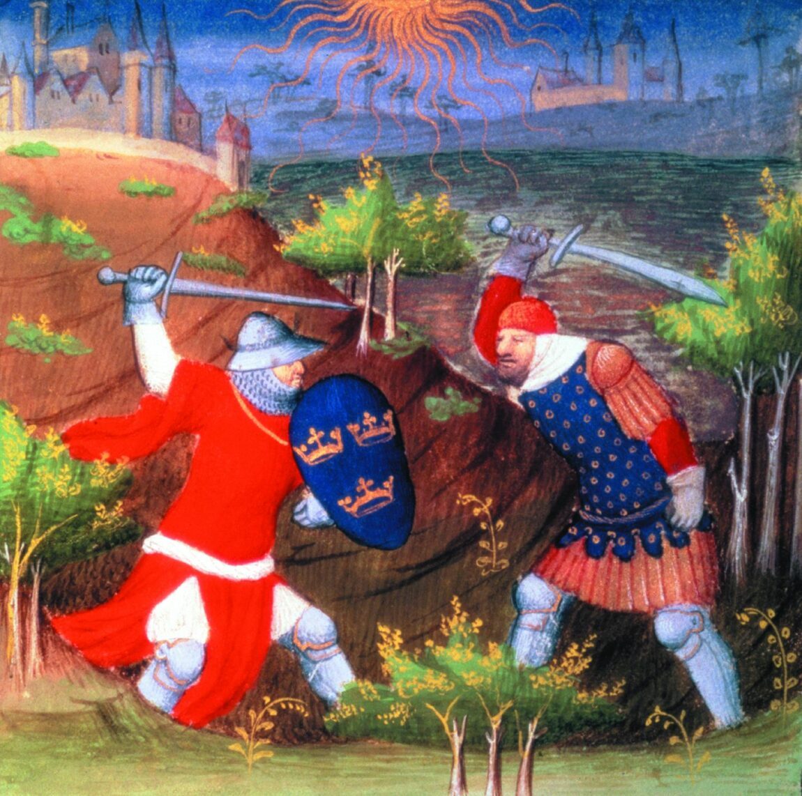 Koning Arthur in gevecht met een Romeinse generaal, Boucicault Master, 15e eeuw