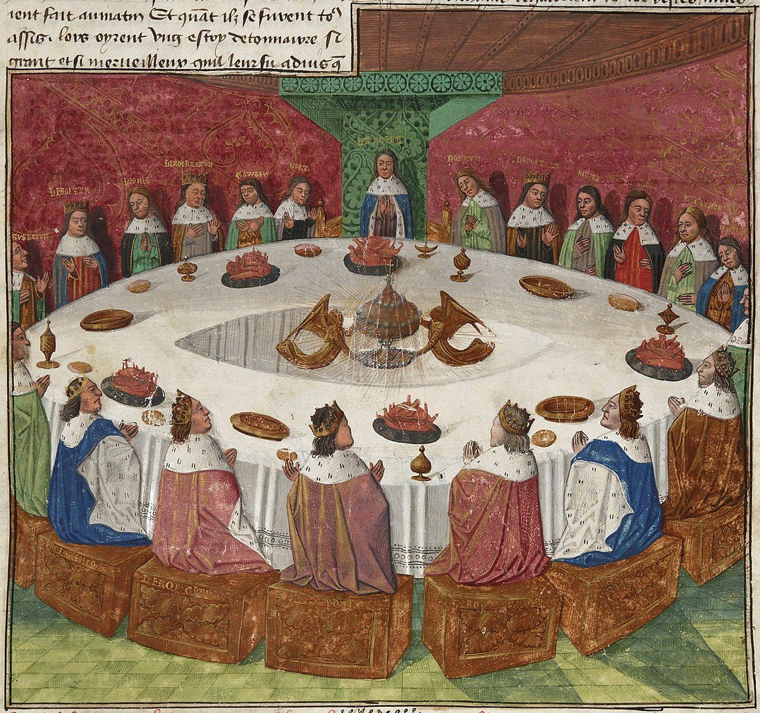 Een illustratie van koning Arthur en zijn ridders aan de Ronde Tafel, uit BNF 112, verlucht handschrift van de Prose Lancelot, Evrard d’Espinques, 1470