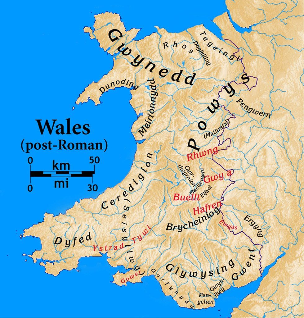Kaart met de locatie van het koninkrijk Gwynedd, het grondgebied van Cadwallon Lawhir