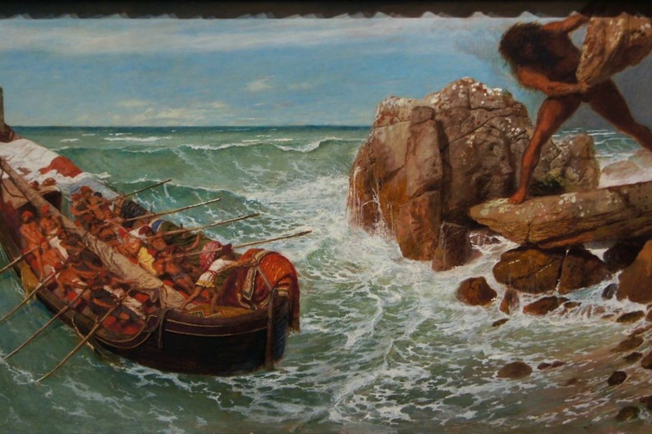 Odysseus en zijn mannen in de grot van de Cycloop Polyfemos