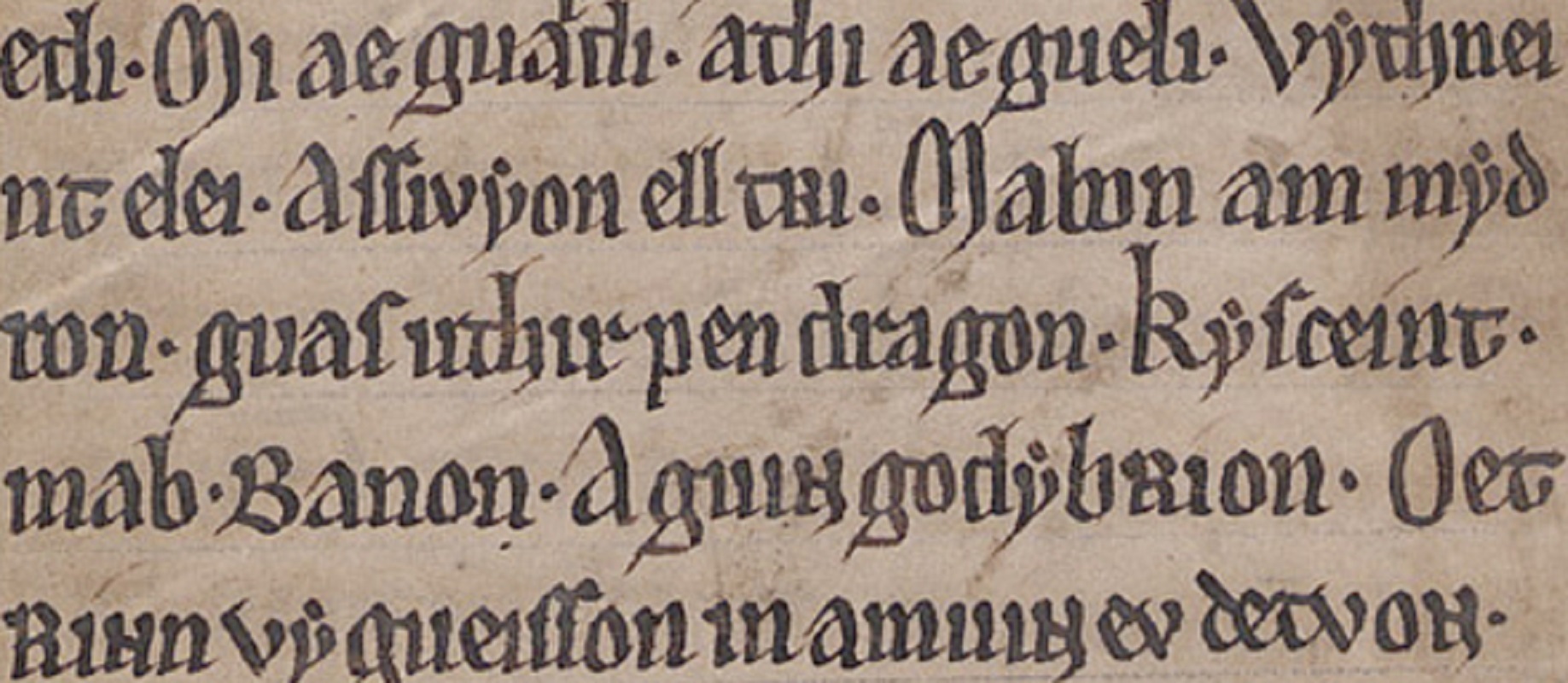 MS Peniarth 1, folio 47r, waarop de vermelding van ‘uthir pen dragon’ in het gedicht Pa Gur te zien is
