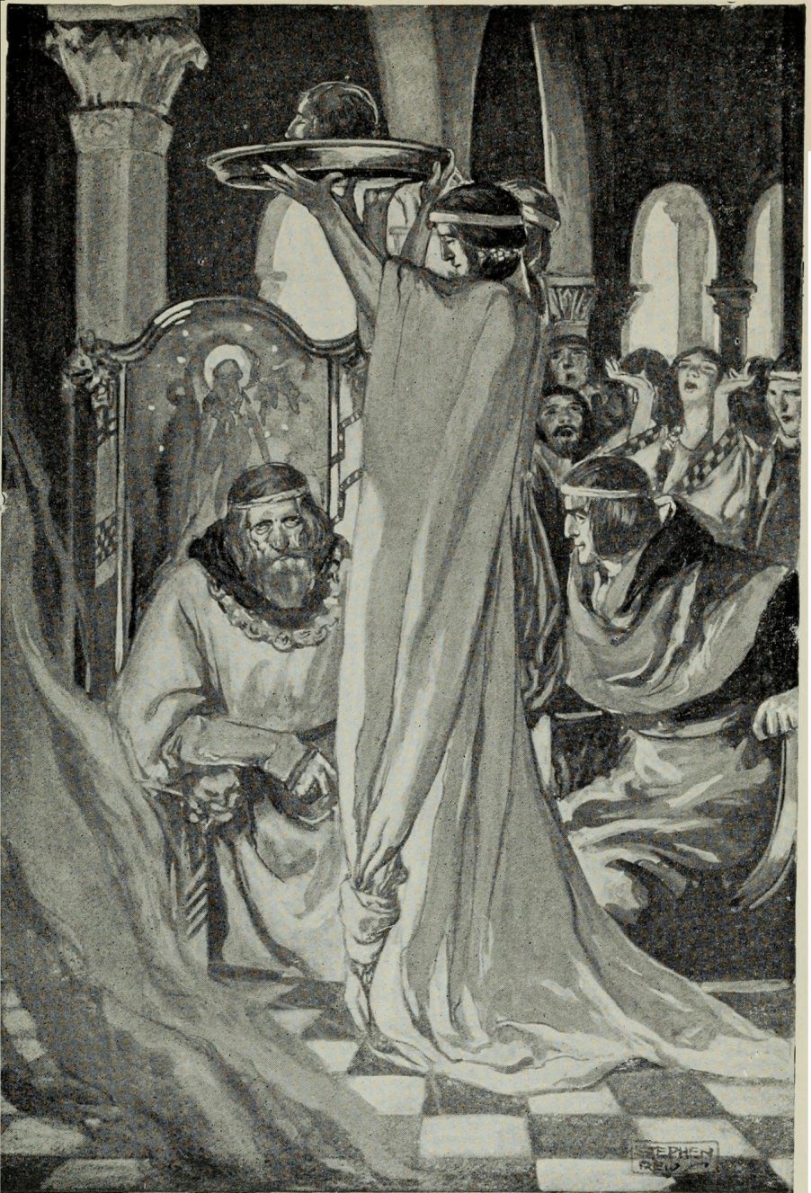 Illustratie van de scène in het Welshe verhaal Peredur waarin de koning een afgehakt hoofd wordt getoond, uit T W Rolleston’s Myths and Legends of the Celtic Race, 1910