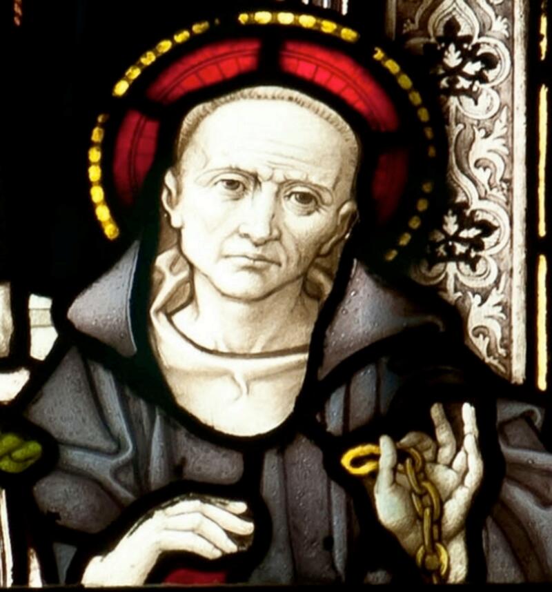 Glas-in-lood-afbeelding van Sint Petroc, wiens hagiografie mogelijk Koning Constantijn vermeldt, Truro Cathedral, Truro, Cornwall