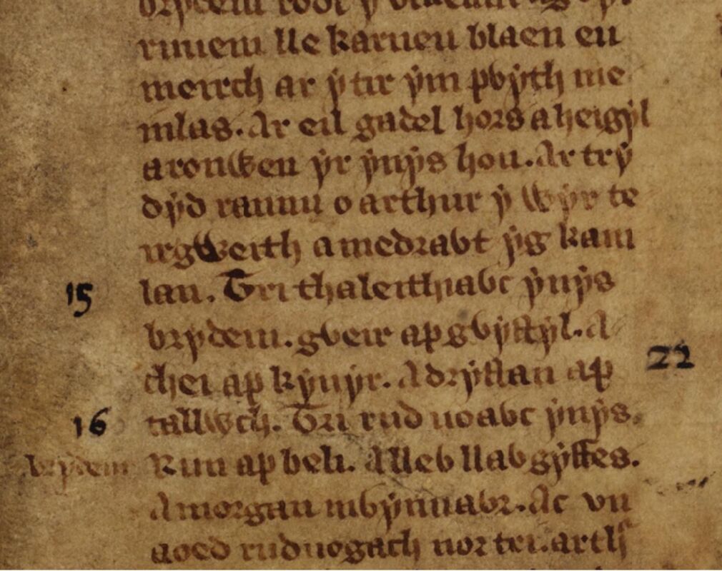 Een verwijzing naar de Slag bij Camlann in de Welshe Triaden, Witte Boek van Rhydderch, folio 56r